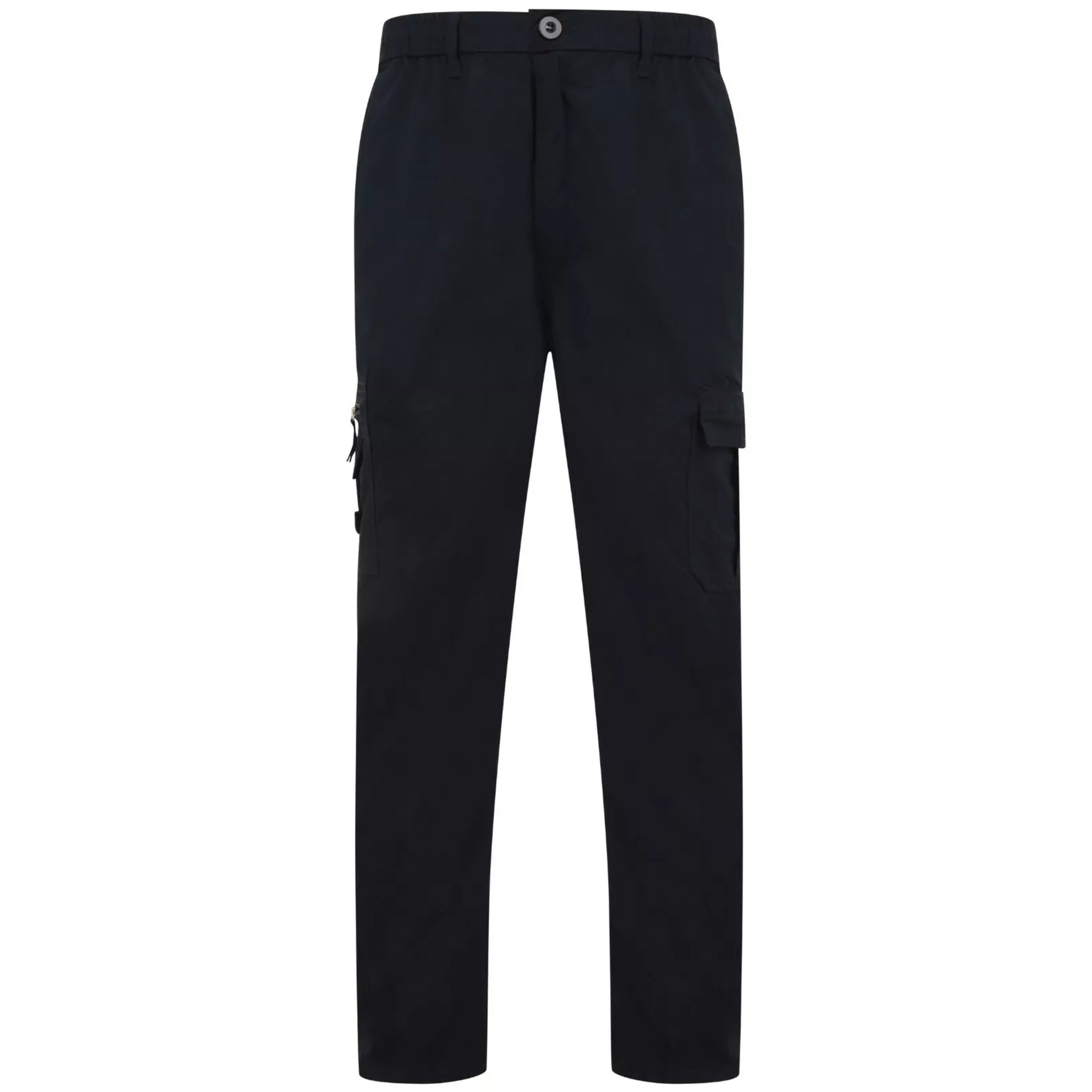 Men's navy cargo utility trousers with side flap pockets, elasticated waistband, and belt loops – durable workwear or outdoor pants